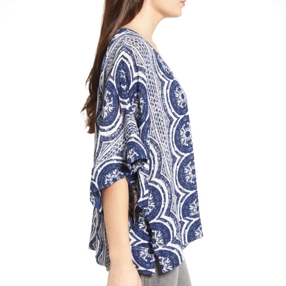 Roxy Koggala blue white print wide kimono short sleeve scoop neck top shirt - Picture 3 of 11
